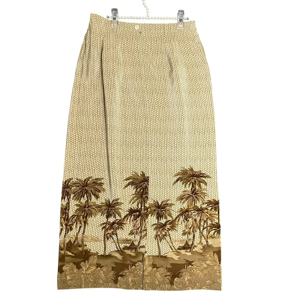 Vintage 90s Silk Maxi Skirt 12 Tropical Safari Resort Earthy Old Money Palm Tree